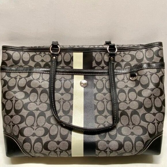 Coach Chelsea Heritage Tote F14475 Large Black Signature Stripe Baby Bag Purse - Picture 15 of 15